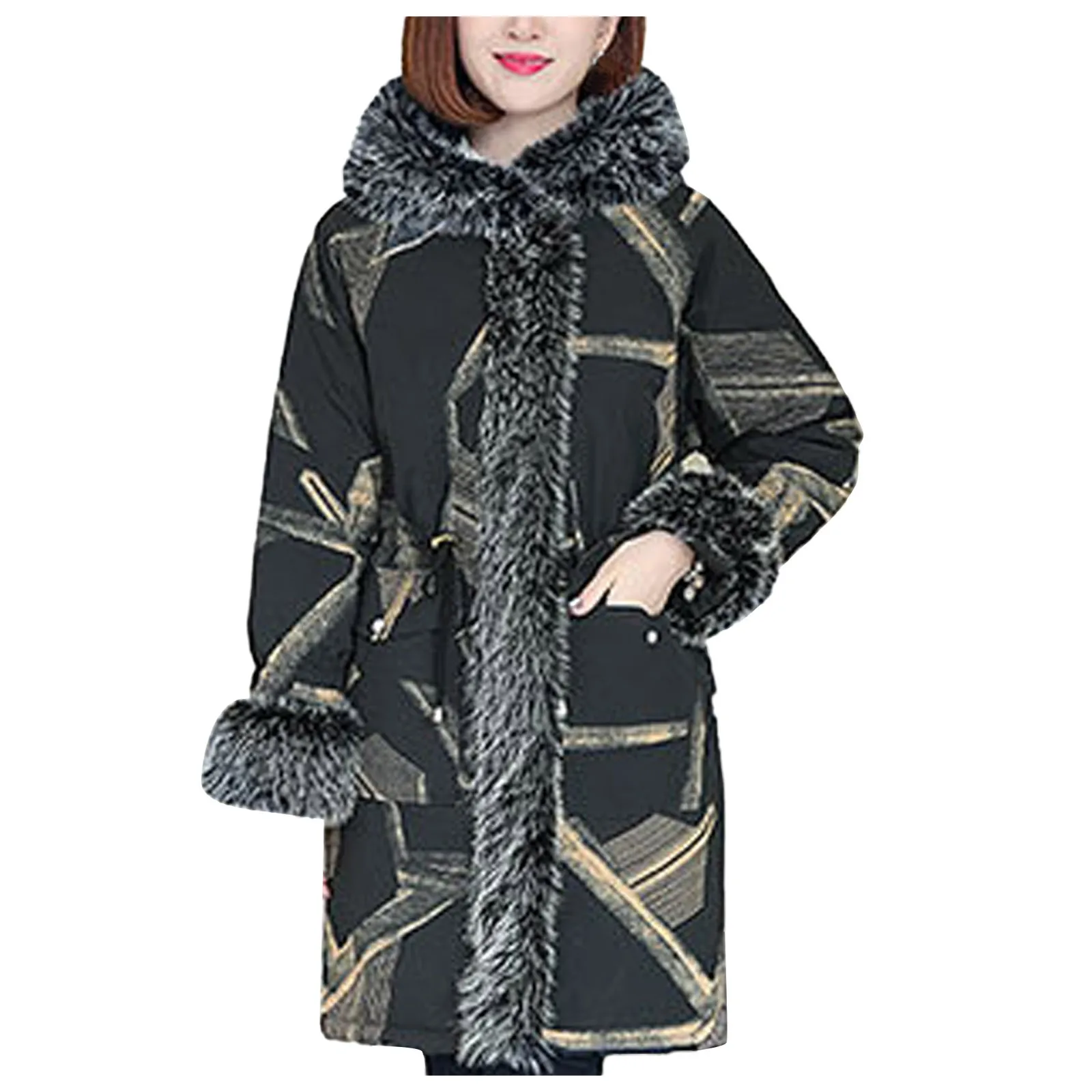 

Модная женская парка, Женское зимнее теплое толстое пальто на молнии с принтом, куртка с капюшоном и кулиской на талии, верхняя одежда с карм...