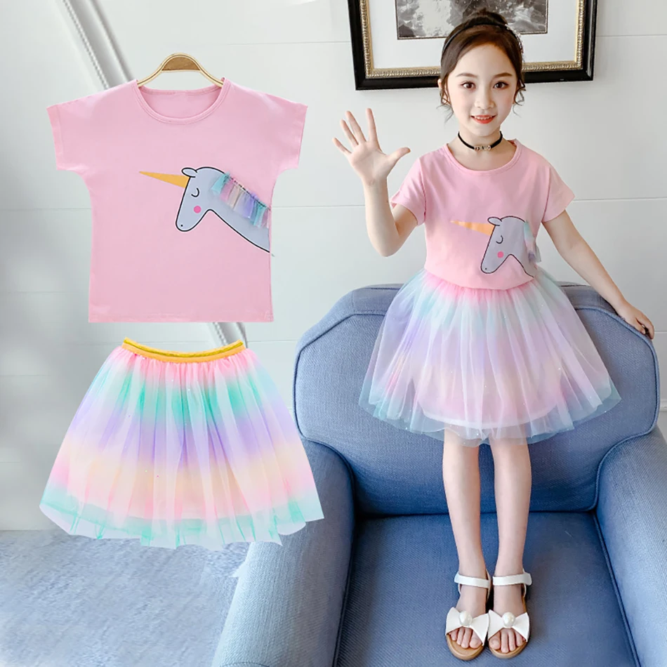 Kids Summer Clothes Cartoon Unicorn Print Short Sleeve T-Shirt + Rainbow Tutu Dress Little Girl Party Costume 3-9 Years
Kids Summer Clothes Cartoon Unicorn Print Short Sleeve T-Shirt + Rainbow Tutu Dress Little Girl Party Costume 3-9 Years