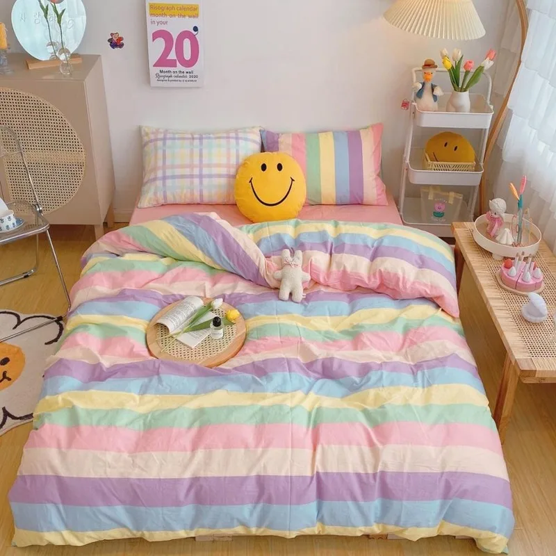 Kawaii Fashion Rainbow Bedding Set 100% Cotton Flat Bed Sheet Pillowcases Candy Luxury Korean Style Princess Full Queen Bed Sets
Kawaii Fashion Rainbow Bedding Set 100% Cotton Flat Bed Sheet Pillowcases Candy Luxury Korean Style Princess Full Queen Bed Sets