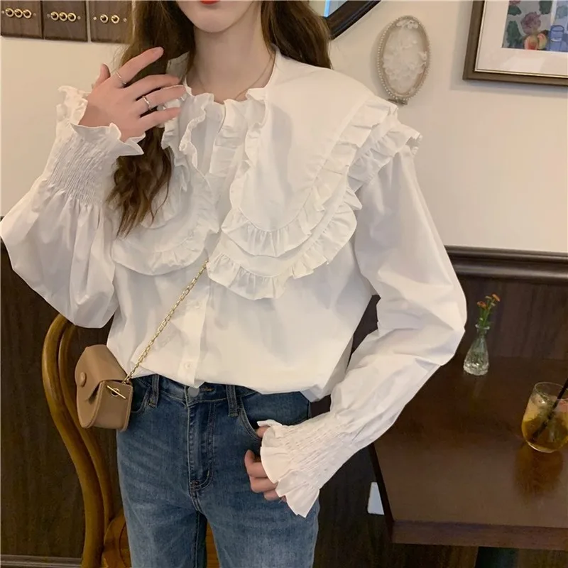 Loose Blouse Plus Size Women's Spring Autumn Ruffled Cute Peter Pan Collar White Long Sleeved Korean Shirt Fashion Basic Top
Loose Blouse Plus Size Women's Spring Autumn Ruffled Cute Peter Pan Collar White Long Sleeved Korean Shirt Fashion Basic Top