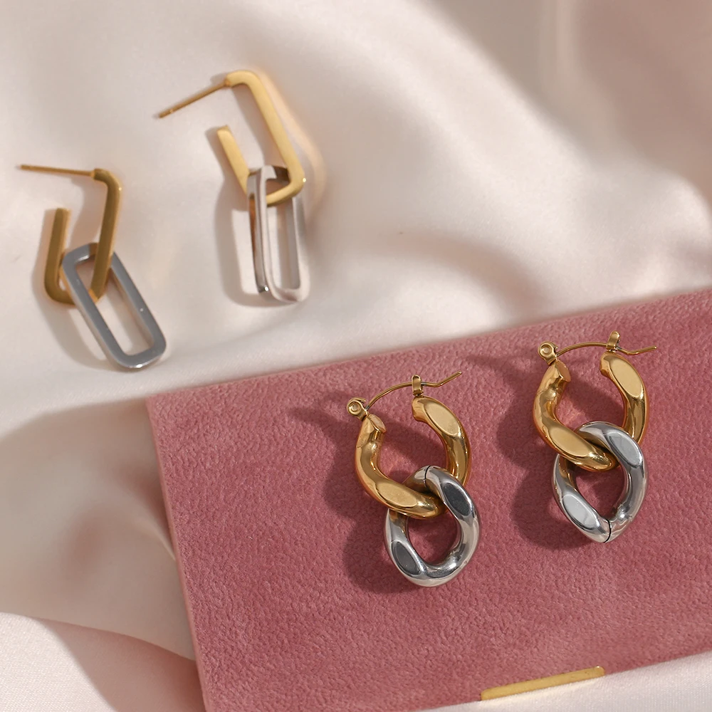 Stylish Cool Tarnish Free Stainless Steel 18K Gold Plated Gold and Silver Mixed Square Cuban Chain Drop Earrings For Women 
Stylish Cool Tarnish Free Stainless Steel 18K Gold Plated Gold and Silver Mixed Square Cuban Chain Drop Earrings For Women