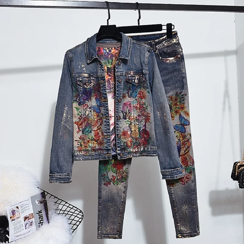 Autumn Streetwear Vintage Print Slim Denim Set Women Elastic Short Jeans Jacket Coat Pencil Pants 2pcs Denim Two Piece Outfits
Autumn Streetwear Vintage Print Slim Denim Set Women Elastic Short Jeans Jacket Coat Pencil Pants 2pcs Denim Two Piece Outfits