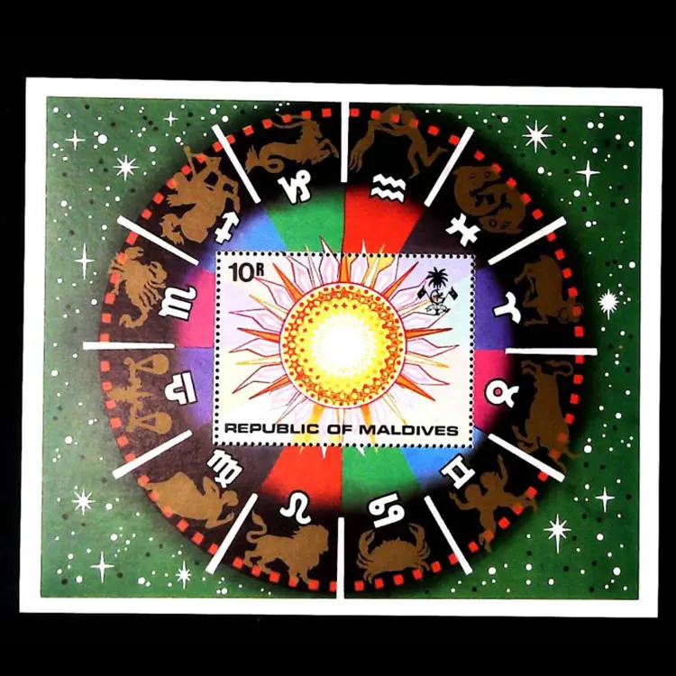 Мальдивы, 1974, 12-й дворец диасода, созвездия, Знак зодиака, почтовая печать, бренди м
Мальдивы, 1974, 12-й дворец диасода, созвездия, Знак зодиака, почтовая печать, бренди м