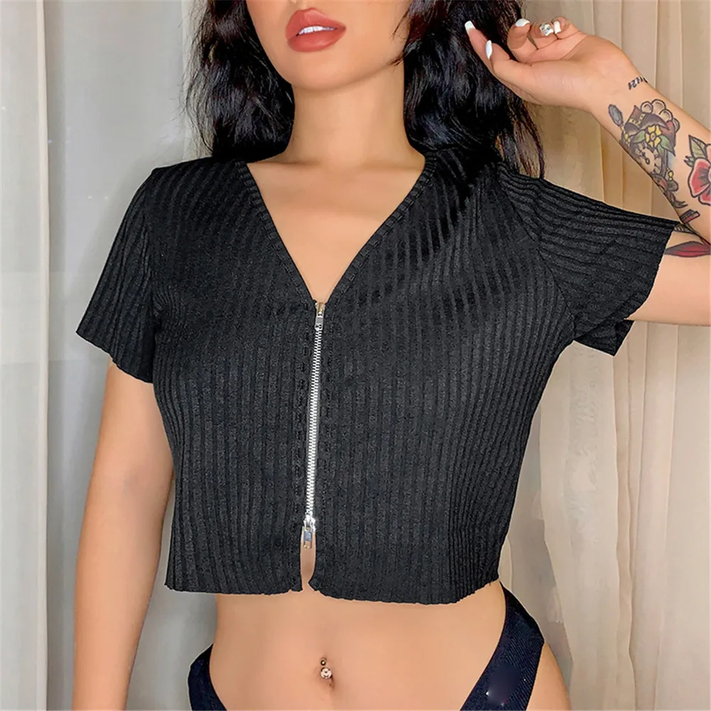 2021 Women Summer Casual Short Sleeve Ribbed Cardigan T-Shirt Fashion Solid Color Zipper Exposed Navel Crop Top Black White Tees
2021 Women Summer Casual Short Sleeve Ribbed Cardigan T-Shirt Fashion Solid Color Zipper Exposed Navel Crop Top Black White Tees