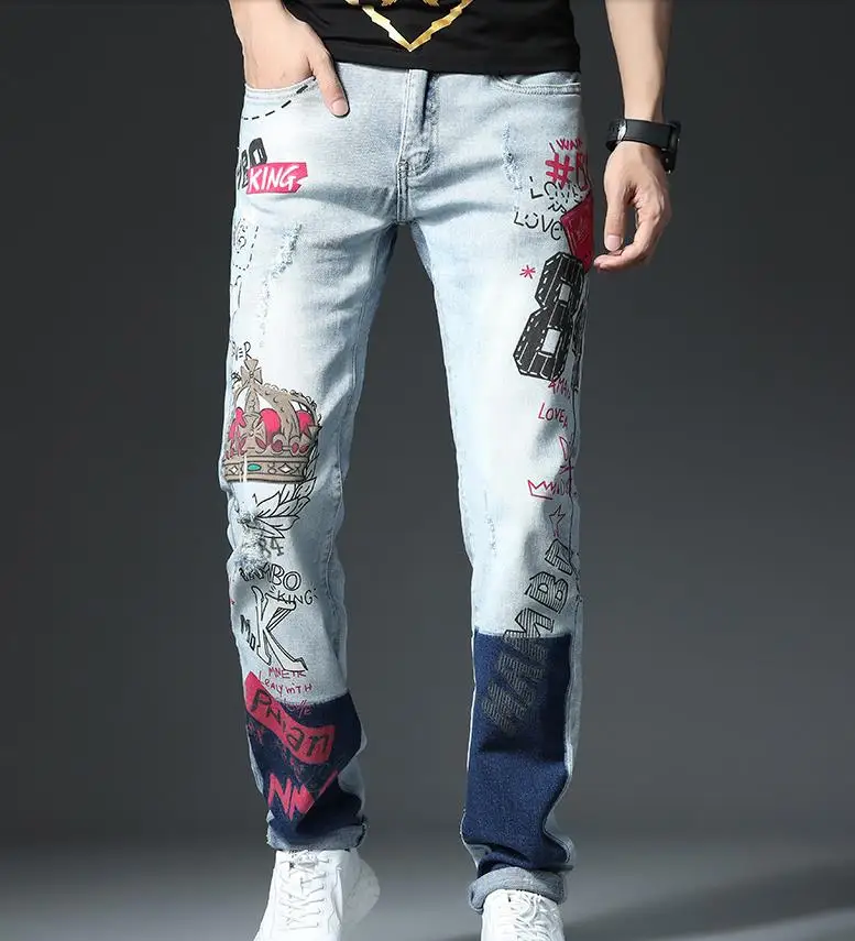 Letter Print Mens Jeans Crown Jewels Pattern Painting Casual Elastic Cotton Denim Blue Pants Straight Slim Fit #A001
Letter Print Mens Jeans Crown Jewels Pattern Painting Casual Elastic Cotton Denim Blue Pants Straight Slim Fit #A001
