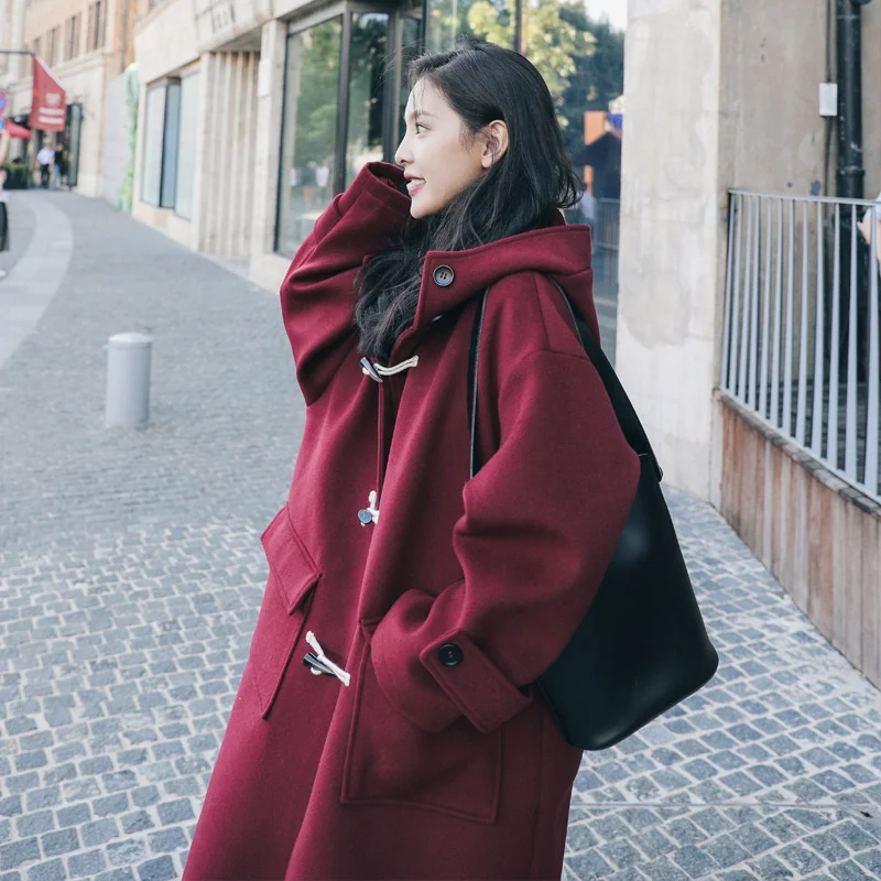 ean Red Horn Button Tweed Coat Women's Middle Long Hooded Student's Woolen Coat 2021 Autumn And Winter New Kor
ean Red Horn Button Tweed Coat Women's Middle Long Hooded Student's Woolen Coat 2021 Autumn And Winter New Kor