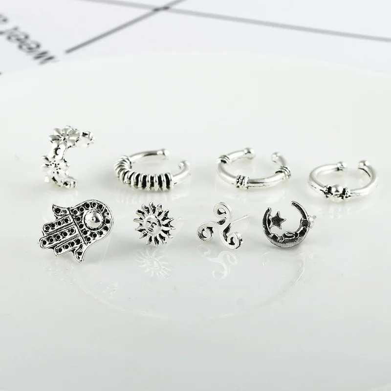 Explosive earrings European and American Bohemian retro sun and moon earrings eight-piece set
Explosive earrings European and American Bohemian retro sun and moon earrings eight-piece set