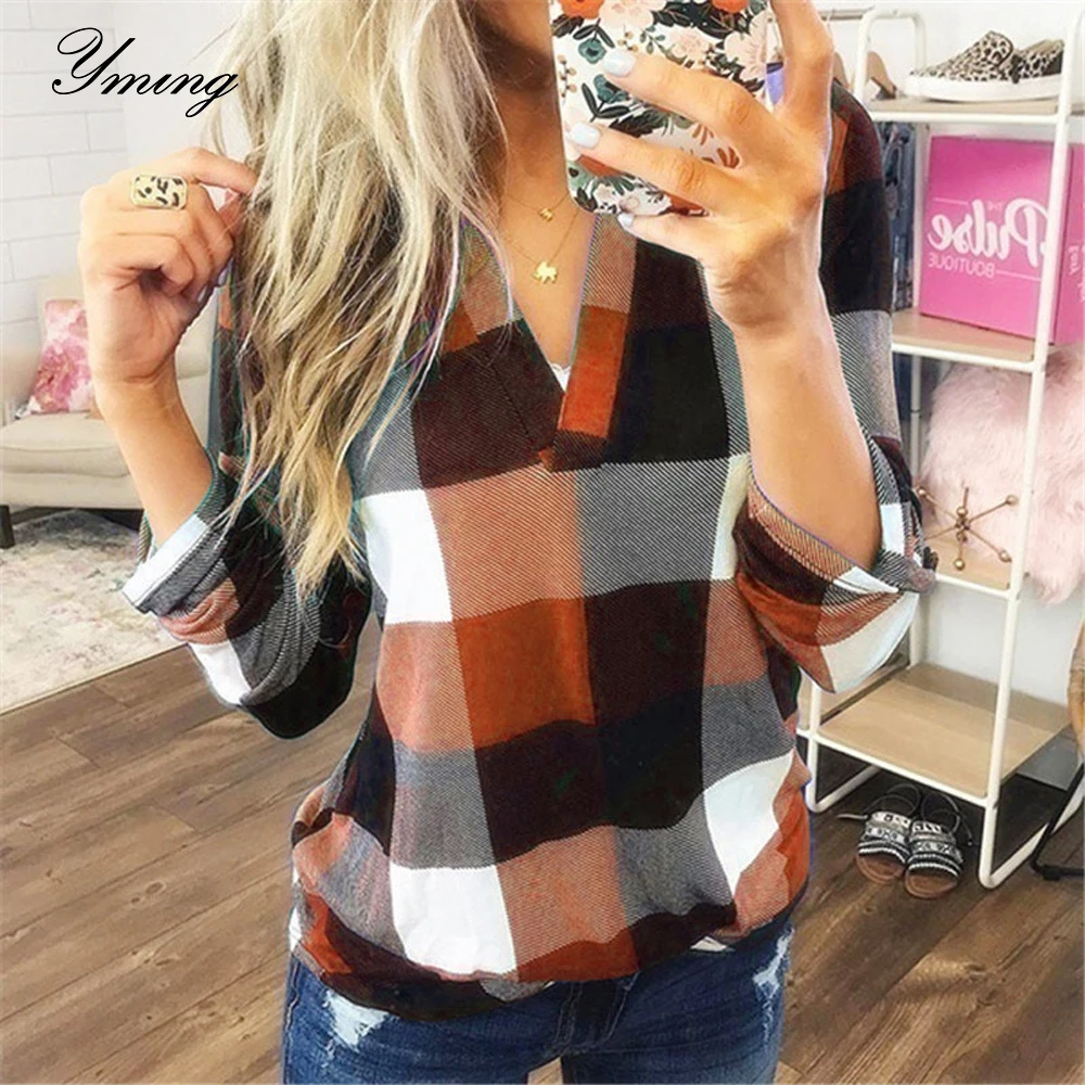 YMING Women's Spring And Autumn Shirt Plaid Print Shirt V-Neck Long-Sleeved Shirt Fashion Loose Ladies Shirt Check
YMING Women's Spring And Autumn Shirt Plaid Print Shirt V-Neck Long-Sleeved Shirt Fashion Loose Ladies Shirt Check