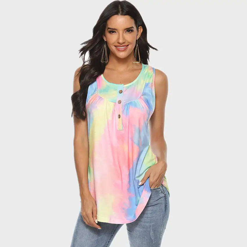 Tie Dye 2020 Women T Shirt Sleeveless Button Long Length Clothes Women Tops O-Neck Casual Top Tee Loose Plus Size Tees Female
Tie Dye 2020 Women T Shirt Sleeveless Button Long Length Clothes Women Tops O-Neck Casual Top Tee Loose Plus Size Tees Female