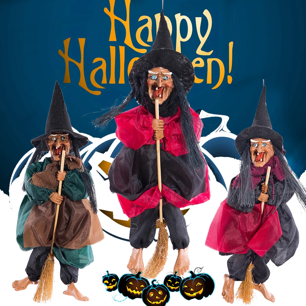 

Halloween Hanging Witch Dolls Voice Control Prop Animated Ghost Scary Riding Broom Wall Hang Party Outdoor Home Decoration Toys