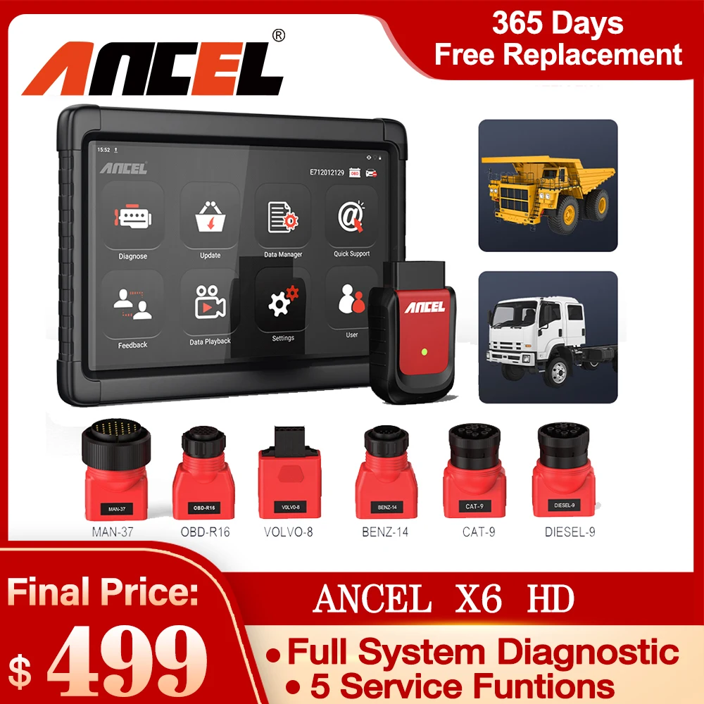 ANCEL X6 HD 24V Heavy Duty Truck Full System Diagnostic Scanner DPF Oil ECU Reset PRV Valve Test Truck Diagnostic Tool
ANCEL X6 HD 24V Heavy Duty Truck Full System Diagnostic Scanner DPF Oil ECU Reset PRV Valve Test Truck Diagnostic Tool