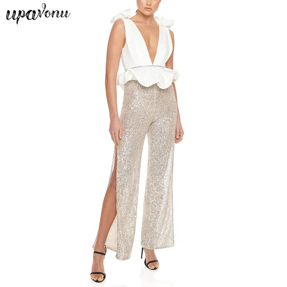 Free Shipping 2020 New Women's Sequin Patchwork Bandage Jumpsuit Sexy V-neck Sleeveless Ruffle Slim Split Straight Long Jumpsuit
Free Shipping 2020 New Women's Sequin Patchwork Bandage Jumpsuit Sexy V-neck Sleeveless Ruffle Slim Split Straight Long Jumpsuit