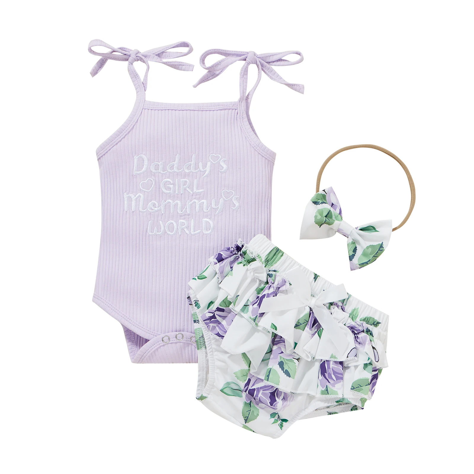 Baby Girls Clothes 3Pcs Summer Outfits, Sleeveless Self-Tie Strap Rib Knitted Cotton Romper + Bloomer Shorts + Headband Set 
Baby Girls Clothes 3Pcs Summer Outfits, Sleeveless Self-Tie Strap Rib Knitted Cotton Romper + Bloomer Shorts + Headband Set