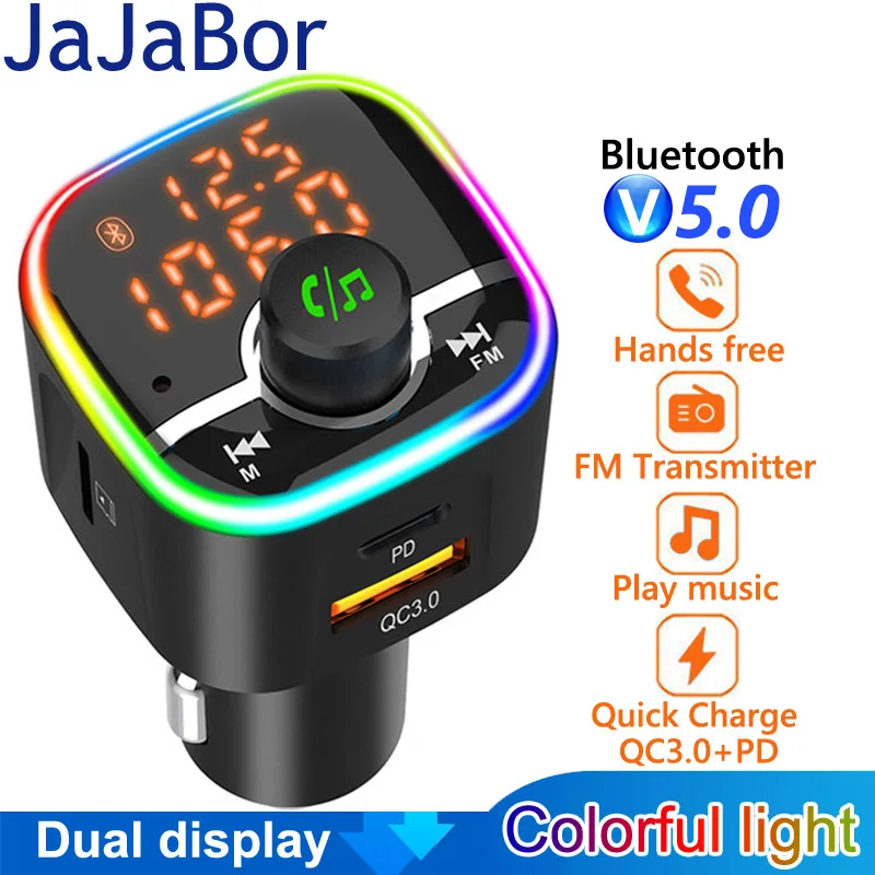 

JaJaBor Bluetooth 5.0 Car Kit Handsfree FM Transmitter Car MP3 Player QC3.0+PD 18W USB Charger Support TF Card U Disk Playback