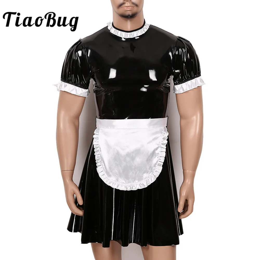 

Men's Sissy Maid Sexy Cosplay Costume Short Sleeve Patent Leather Flared Dress with Apron Crossdressing Roleplay Servant Uniform