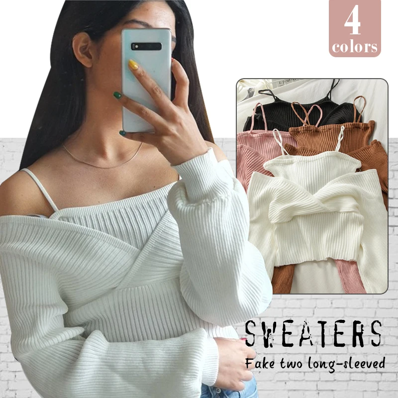 Women Fake Two Piece Tops Sweater Spring Autumn V-Neck Full Sexy Knitted Sweaters Korean Short Chic Wild Fashion Pullovers
Women Fake Two Piece Tops Sweater Spring Autumn V-Neck Full Sexy Knitted Sweaters Korean Short Chic Wild Fashion Pullovers