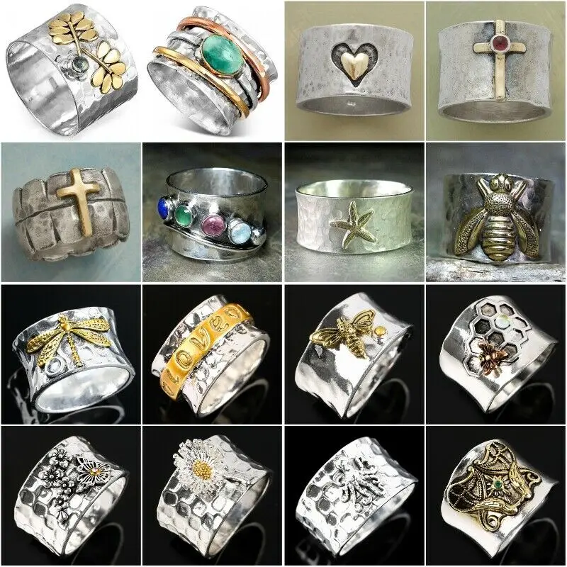 Multi-style Vintage Flower Bee Spinner Ring Silver Color Women Handmade Green Stone Wide Band Jewelry Anniversary Gift
Multi-style Vintage Flower Bee Spinner Ring Silver Color Women Handmade Green Stone Wide Band Jewelry Anniversary Gift