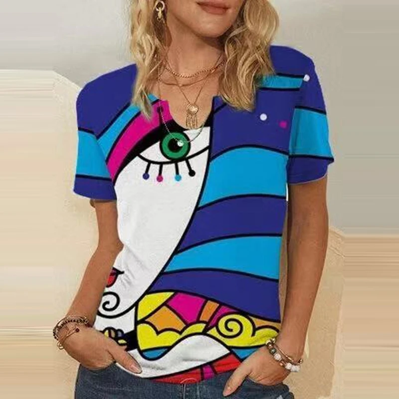 2021 Fashion Women V Neck Cartoon Face Print Tops Casual Streetwear Short Sleeves Summer Loose T-shirts Elegant Office Pullover
2021 Fashion Women V Neck Cartoon Face Print Tops Casual Streetwear Short Sleeves Summer Loose T-shirts Elegant Office Pullover