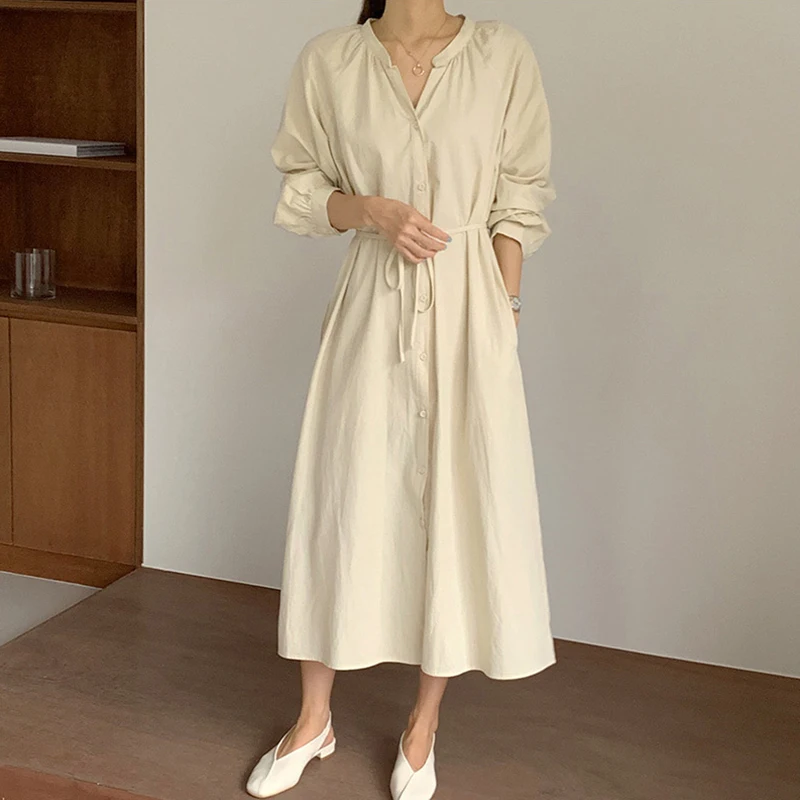 Осеннее платье-рубашка с длинным рукавом, женское свободное однобортное однотонное длинное платье, женские повседневные платья на шнуровке, элегантные платья 15819 
Осеннее платье-рубашка с длинным рукавом, женское свободное однобортное однотонное длинное платье, женские повседневные платья на шнуровке, элегантные платья 15819