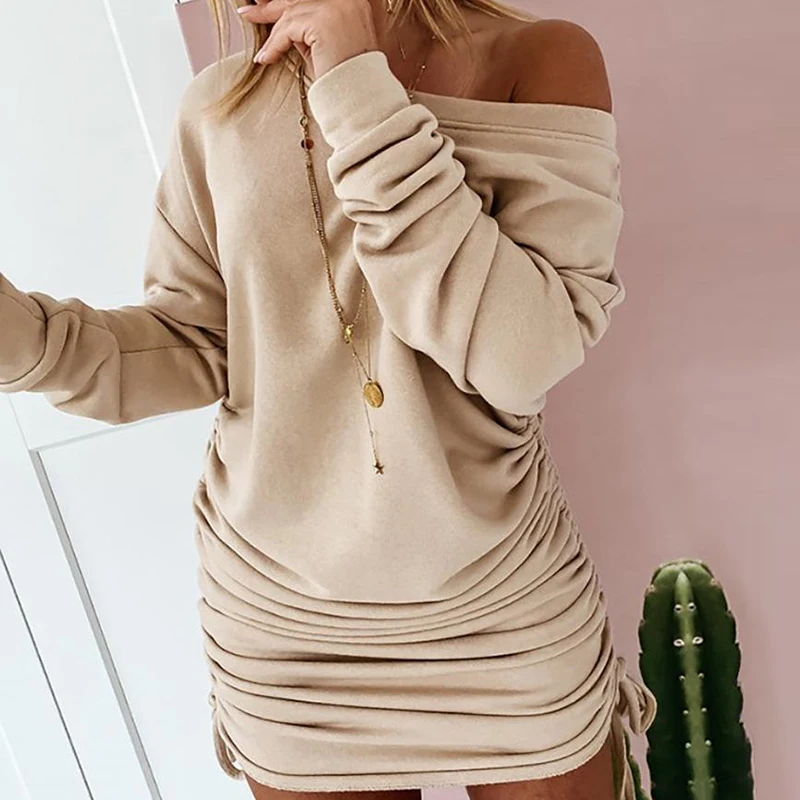 Women Sexy Off Shoulder Ruched Drawstring Bodycon Mini Dress Casual Solid Long Sleeve Pullover Autumn Winter Long Tops Plus Size
Women Sexy Off Shoulder Ruched Drawstring Bodycon Mini Dress Casual Solid Long Sleeve Pullover Autumn Winter Long Tops Plus Size