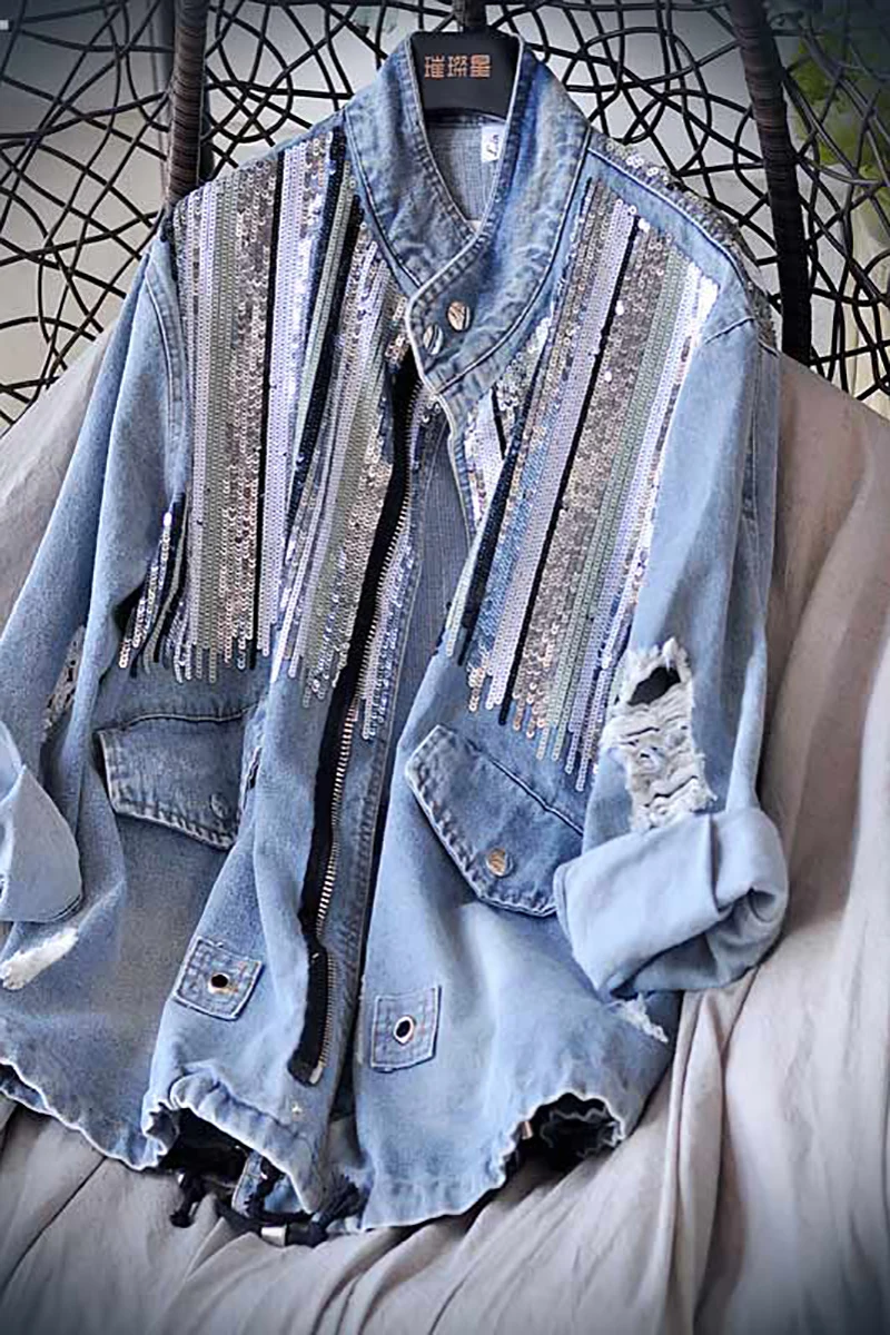 Streetwear Sequin Denim Jacket Women Fashion Full Stand Drawstring Waist Top Thin Jean 
Streetwear Sequin Denim Jacket Women Fashion Full Stand Drawstring Waist Top Thin Jean
