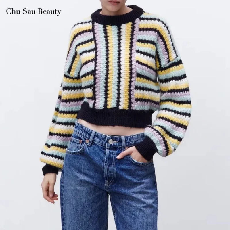 Женский свитер в полоску Za, повседневный простой вязаный короткий топ с круглым вырезом и длинным рукавом, свободного покроя, Осень-зима
Женский свитер в полоску Za, повседневный простой вязаный короткий топ с круглым вырезом и длинным рукавом, свободного покроя, Осень-зима