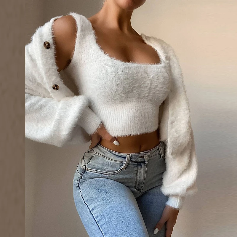 2021 New Spring Autumn Furry Tops Women Two Piece Set Elegant Solid Sling Crop Vests + Lantern Sleeve Button Coat Cardigan Suits
2021 New Spring Autumn Furry Tops Women Two Piece Set Elegant Solid Sling Crop Vests + Lantern Sleeve Button Coat Cardigan Suits