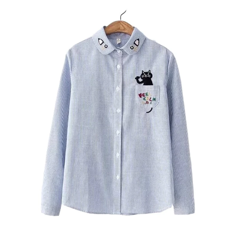 XUANHAO 2020 Women Cartoon Cat Embroidery Striped Blouses Fashion Pockets Design Cute Shirts Sweet Ladies Casual Top Blusas
XUANHAO 2020 Women Cartoon Cat Embroidery Striped Blouses Fashion Pockets Design Cute Shirts Sweet Ladies Casual Top Blusas