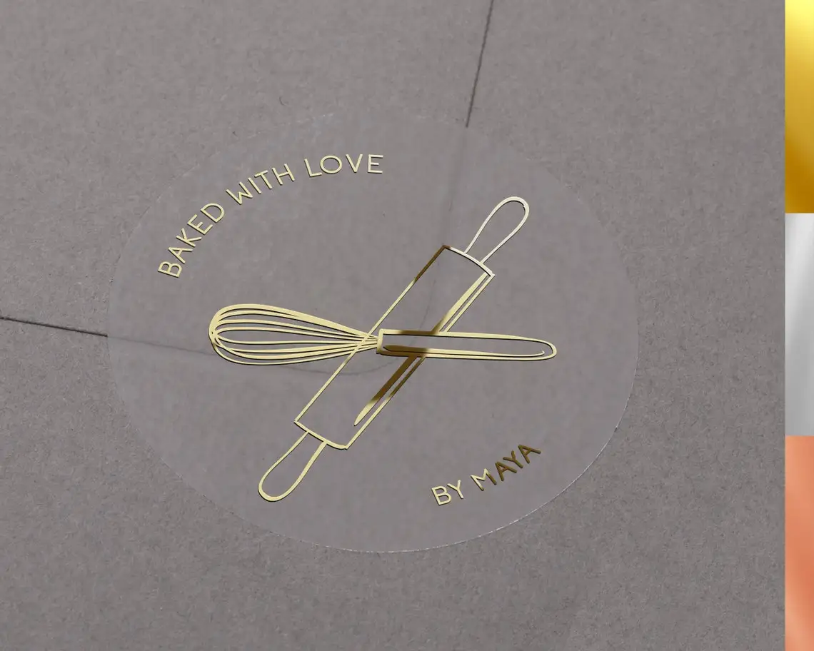 Baked with love stickers with personalised business name. Gold, rose gold, silver foiled custom bakery sticker.Kitchen, Cookie
Baked with love stickers with personalised business name. Gold, rose gold, silver foiled custom bakery sticker.Kitchen, Cookie