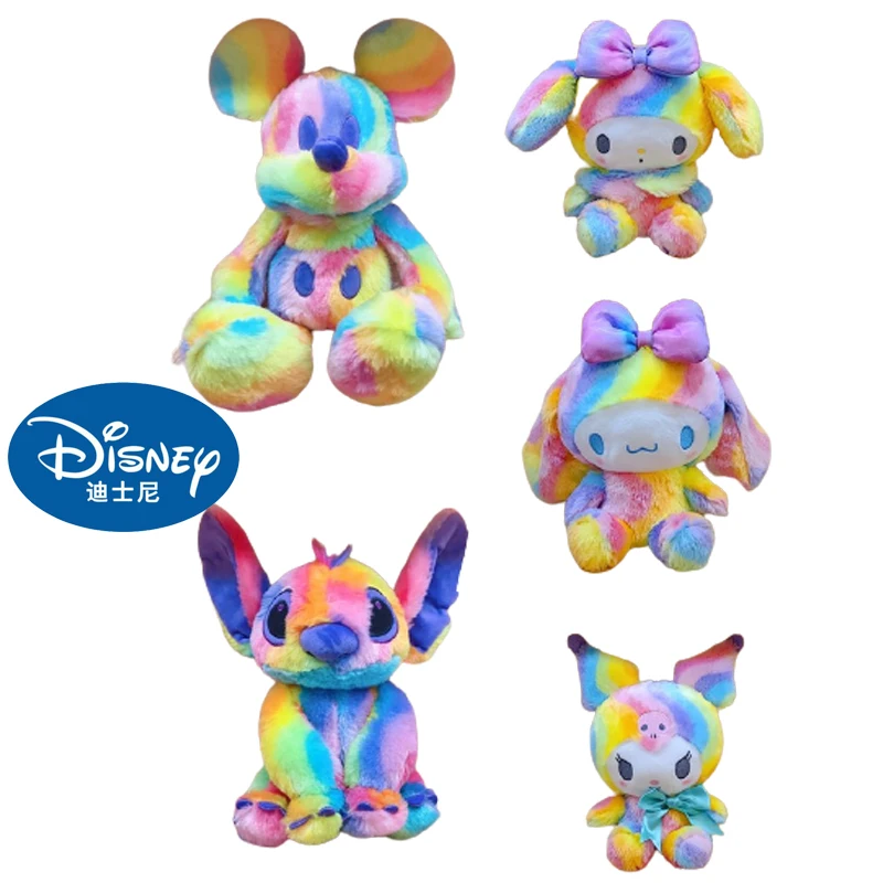 Розовый плюшевый кукла-подушка Disney Cute Stitch Anime Colorful Mickey Mouse Rainbow Kawaii для детей - оригинальный подарок на Рождество для девочек.