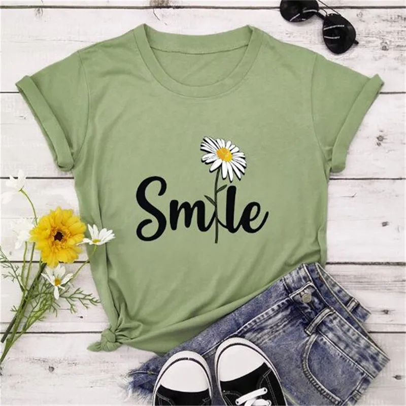 Women Summer T shirt Cotton Plus Size 5XL Loose Cute Flower Smile Letter Print t-shirts Fashion Ladies Basic Tee Shirts Tops
Women Summer T shirt Cotton Plus Size 5XL Loose Cute Flower Smile Letter Print t-shirts Fashion Ladies Basic Tee Shirts Tops