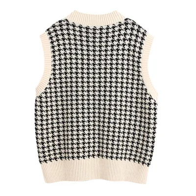 Knitted Sweaters Vest Women V-Neck Sleeveless Houndstooth Loose Female Spring Autumn Korean Style Oversized Sweater | Женская одежда