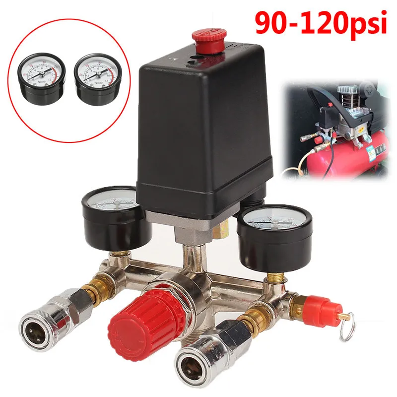 Air Compressor Pressure Valve Switch Manifold Relief Regulator Gauges 90~120 PSI 240V 17x15.5x19cm High Quality
Air Compressor Pressure Valve Switch Manifold Relief Regulator Gauges 90~120 PSI 240V 17x15.5x19cm High Quality