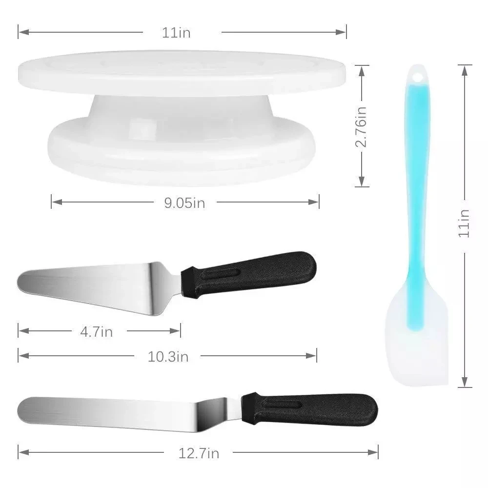 hot selling plastic handle stainless steel head cake decorating set with spatula and 11inches white turntable
hot selling plastic handle stainless steel head cake decorating set with spatula and 11inches white turntable