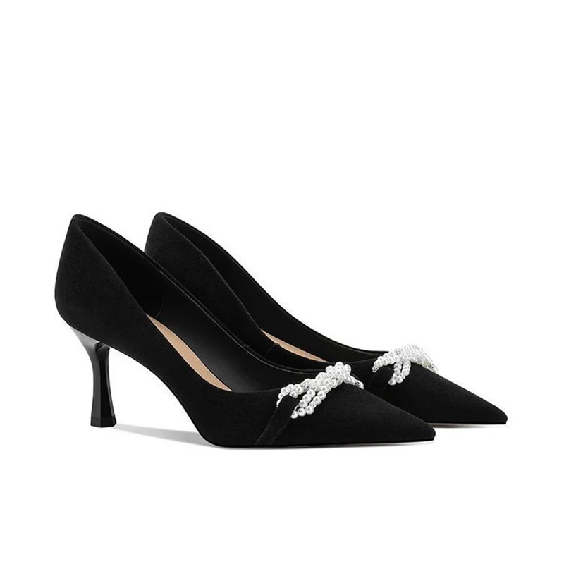 New 2022 Women Black Pumps Flock Thin Heels Sexy Pearl Bow Decoration Shallow Banquet Ladies Shoes Pointed Toe Spring And Autumn
New 2022 Women Black Pumps Flock Thin Heels Sexy Pearl Bow Decoration Shallow Banquet Ladies Shoes Pointed Toe Spring And Autumn