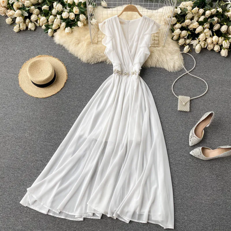 Women Sexy Chiffon Maxi Dress Sleeveless V Neck Solid A-line White Dresses Summer Fashion Streetwear Long Party Dress
Women Sexy Chiffon Maxi Dress Sleeveless V Neck Solid A-line White Dresses Summer Fashion Streetwear Long Party Dress