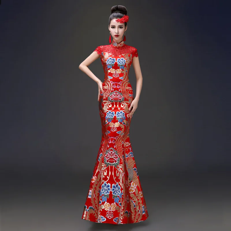 High Quality Red mermaid wedding lace traditional dresses women cheongsam chinese style long qipao evening dress Aftenkjole
High Quality Red mermaid wedding lace traditional dresses women cheongsam chinese style long qipao evening dress Aftenkjole