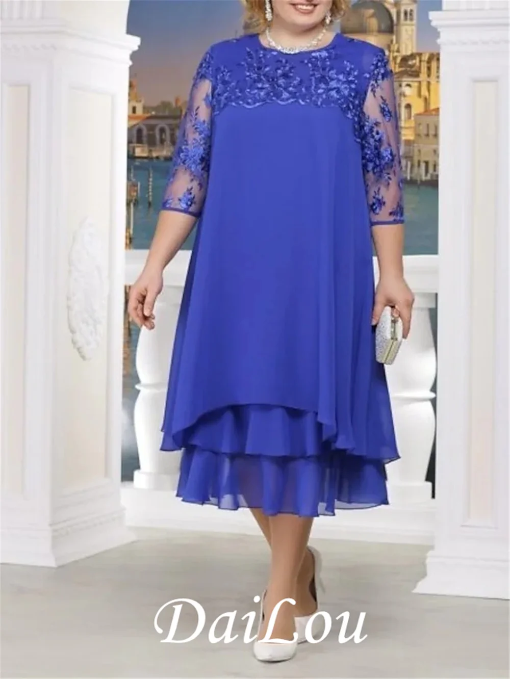 A-Line Mother of the Bride Dress Plus Size Jewel Neck Tea-Length Chiffon Lace 3/4 Length Sleeve with Tier Appliques 2021
A-Line Mother of the Bride Dress Plus Size Jewel Neck Tea-Length Chiffon Lace 3/4 Length Sleeve with Tier Appliques 2021