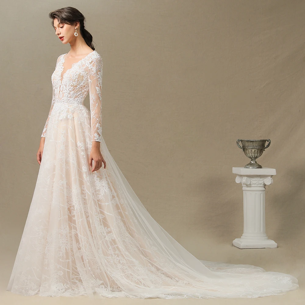 2021 Sexy Lace A Line Wedding Dresses Tulle V Neck Long Sleeves Backless Button Up Wedding Gowns for Brides Formal Dress Bridal
2021 Sexy Lace A Line Wedding Dresses Tulle V Neck Long Sleeves Backless Button Up Wedding Gowns for Brides Formal Dress Bridal