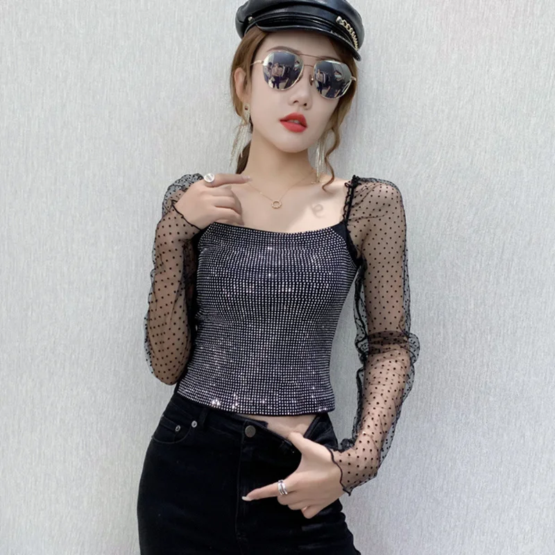 #8888 Mesh Long Sleeve T Shirt Women Diamonds Summer Basic Tops Black Sexy Short T Shirt Thin Slim Stretch Hip Hop T-shirt Femme
#8888 Mesh Long Sleeve T Shirt Women Diamonds Summer Basic Tops Black Sexy Short T Shirt Thin Slim Stretch Hip Hop T-shirt Femme