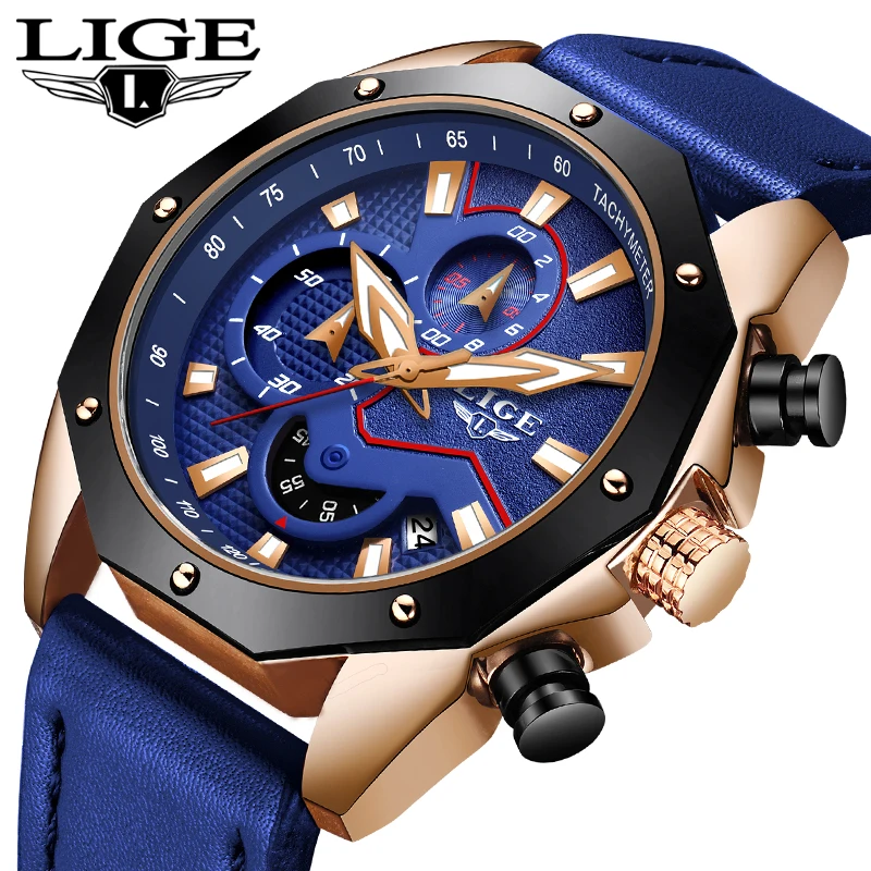 LIGE New Mens Watches Top Brand Luxury Business Quartz Watch For Men Blue Leather Waterproof Sport Chronograph Relogio Masculino | Наручные