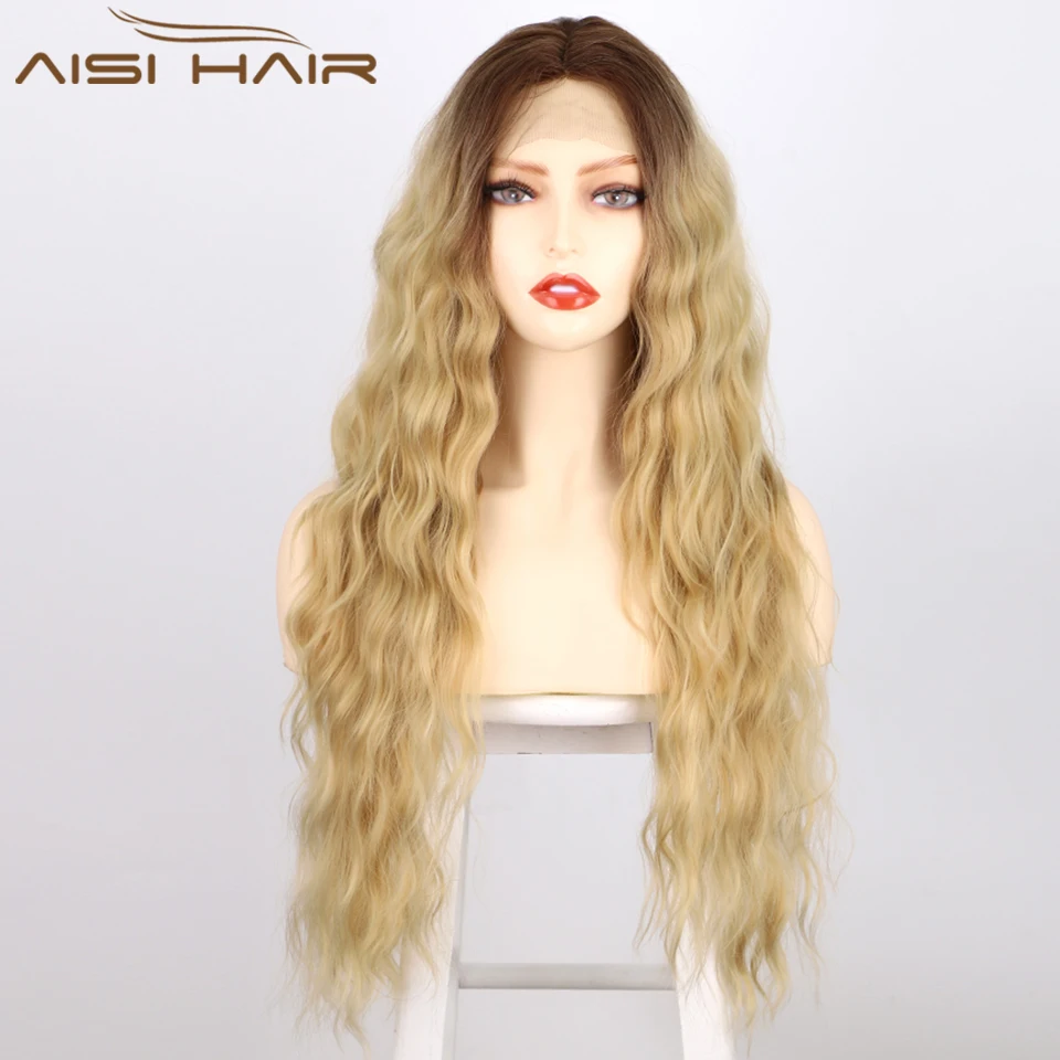 

AISI HAIR Synthetic Ombre Blonde Lace Front Wig for Women Dark Root Long Wavy Lace Wig Middle Parting Heat Resistant Natural