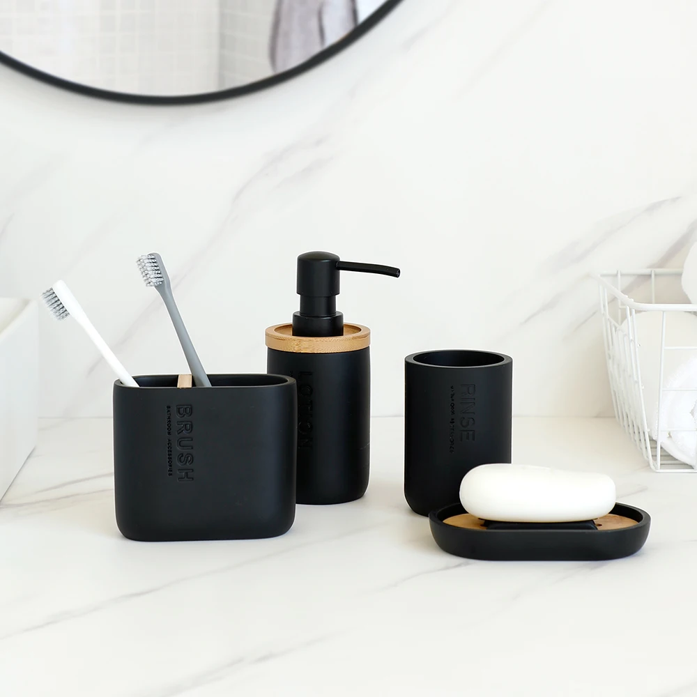 Bathroom Accessories Set Designer Soap Lotion Dispenser Toothbrush Holder Soap Dish Tumbler or Pump Bottle Cup Black and White
Bathroom Accessories Set Designer Soap Lotion Dispenser Toothbrush Holder Soap Dish Tumbler or Pump Bottle Cup Black and White