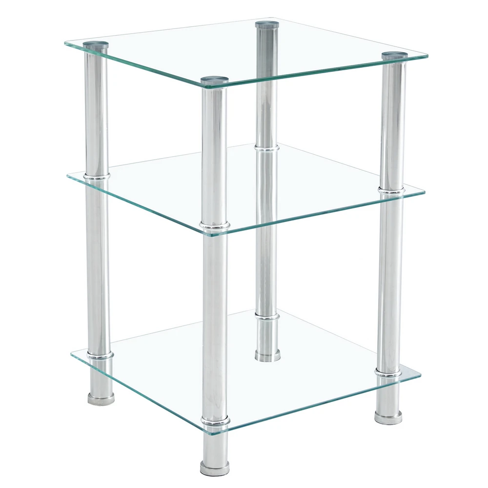 

3-Layer Square Coffee Table Tempered Glass Stainless Steel Tube Side Table 42x42x61CM Easy to Clean[US-Stock]