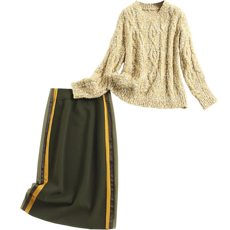 2021 New Women's Suit Autumn Fashion Knitwear Loose Sweater+ Side Striped Skirt Two-Piece Set 2 Piece Sets Womens Outfits
2021 New Women's Suit Autumn Fashion Knitwear Loose Sweater+ Side Striped Skirt Two-Piece Set 2 Piece Sets Womens Outfits