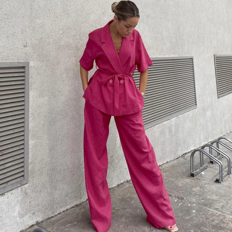 Summer Autumn New Cotton Short Sleeve Shirt Pant Set Women Casual Belt Shirts High Waist Wide Leg Pants Solid Rose Red Pant Sets
Summer Autumn New Cotton Short Sleeve Shirt Pant Set Women Casual Belt Shirts High Waist Wide Leg Pants Solid Rose Red Pant Sets
