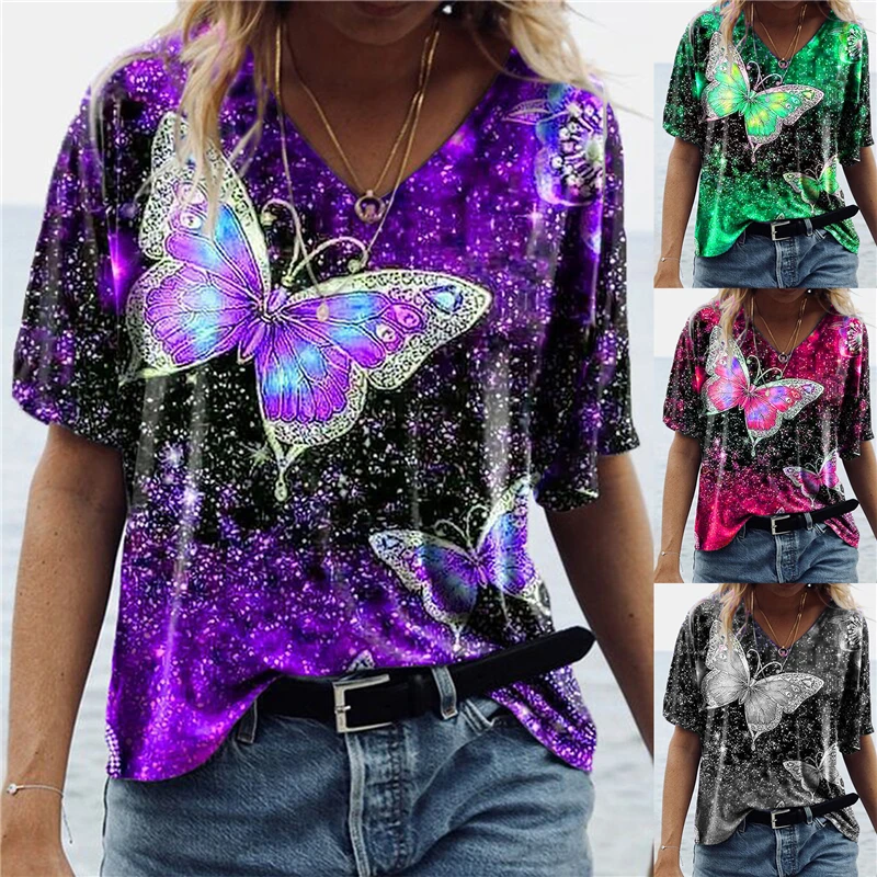 Women Summer Print T-shirt Women Casual Tees V-Neck Short Half Sleeve Loose Butterfly Print Blouse Women Short Sleeve Tops
Women Summer Print T-shirt Women Casual Tees V-Neck Short Half Sleeve Loose Butterfly Print Blouse Women Short Sleeve Tops