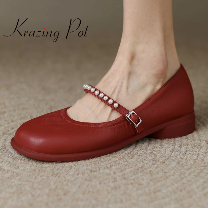 krazing pot natural leather round toe low heel pleated pearl decorations beauty girls dating buckle strap sweet women pumps L08
krazing pot natural leather round toe low heel pleated pearl decorations beauty girls dating buckle strap sweet women pumps L08