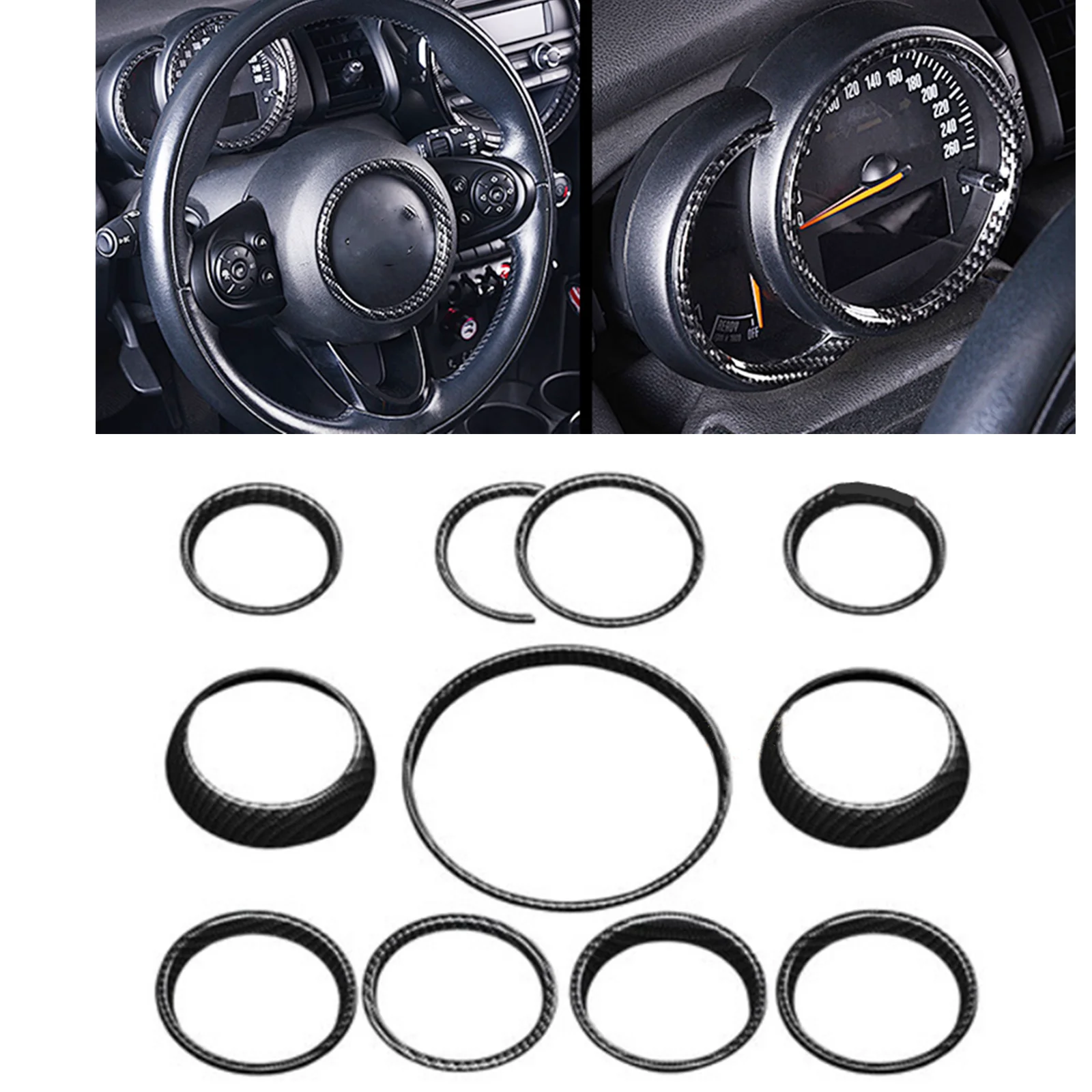 

11PCS Car Gear Steering Wheel Trim Kit Ring For BMW Mini Cooper F55 F56 Carbon Fiber Look Dashboard Gauge Pod Cover Frame Strip