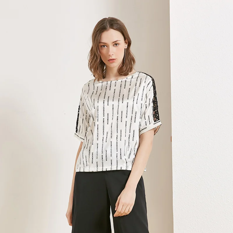Jinju spring and summer printing wild round neck casual silk top T-shirt shoulder hollow casual comfortable coding printing
Jinju spring and summer printing wild round neck casual silk top T-shirt shoulder hollow casual comfortable coding printing